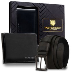Darčeková sada: pánska čierna kožená peňaženka bez zapínania a čierny kožený remienok - Peterson