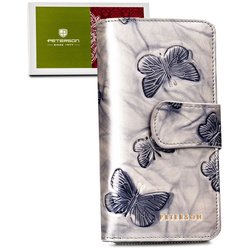 Veľká vertikálna dámska kožená peňaženka striebornej farby s vyrazenými motýľmi - Peterson