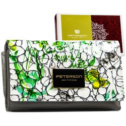 Stredne veľká horizontálna dámska kožená peňaženka so zapínaním na patentku, pokrytá kvetinovým vzorom - Peterson