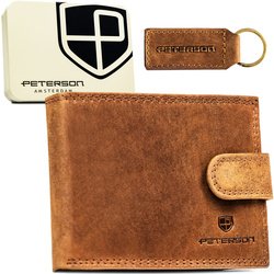 Darčeková sada: prívesok na kľúče a malá hnedá pánska kožená peňaženka s RFID - Peterson