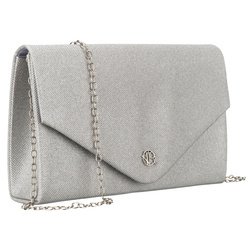 Dámska trblietavá spojková taška striebornej farby zavesená na elegantnej retiazke - Rovicky