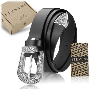 Čierny Dámsky Kožený Opasok Stevens s Retro Vintage Striebornou Prackou