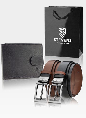 Pánska Peňaženka a Dvojstranný Kožený Opasok STEVENS s Otočnou Sponou Čierna/Hnedá s RFID Ochrana