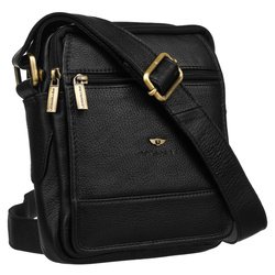 Pánska kožená dvojkomorová poštová taška v čiernej farbe zavesená na nastaviteľnom popruhu - Peterson