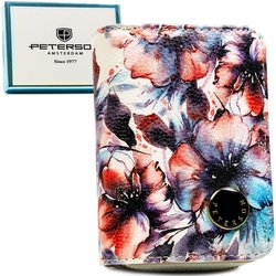 Dámska kvetinová peňaženka z prírodnej a ekologickej kože so zapínaním na cvok a zips - Peterson