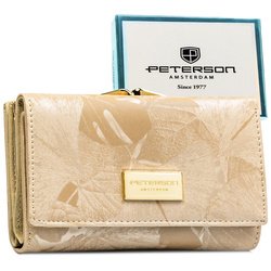 Béžová dámska peňaženka z prírodnej a ekologickej kože s kvetinovým vzorom, s bigiel a zapínaním na patentku - Peterson
