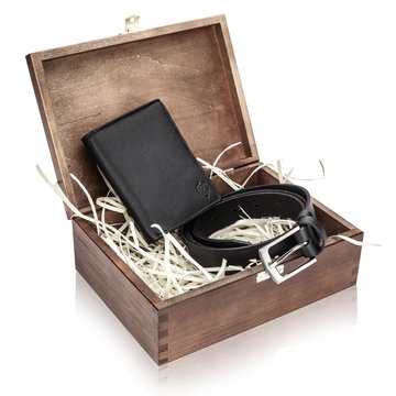 Elegantný Darčekový Set STEVENS Pánska Peňaženka a Opasok v Drevenom Boxe Tmavohnedý Pre Otecka Pre Syna