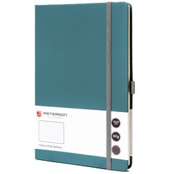 Zelený zošit v tvrdých doskách formátu A5 s potlačou v riadkoch, vybavený pútkom na pero - Peterson
