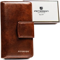 Tmavohnedá peňaženka z ekokože so zapínaním na cvok a zips - Peterson