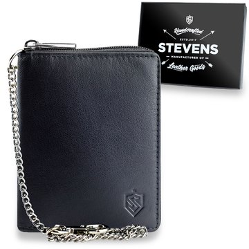 Veľká pánska peňaženka na zips STEVENS z reťazou z pravej kože čiernej farby