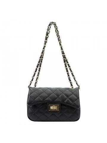 Čierna kabelka Luka COCO 20-042 z prírodnej kože, cez rameno a do ruky, prešívaný dizajn s reťazovým popruhom