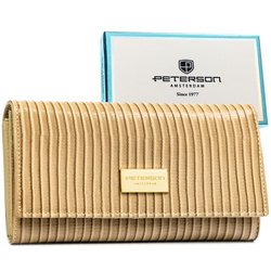 Béžová dámska peňaženka z prírodnej a ekologickej kože so zapínaním na patentku, zdobená károvaným vzorom - Peterson