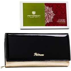 Dámska peňaženka z lakovanej pravej kože v čiernej a zlatej farbe, vybavená systémom RFID - Peterson