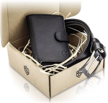 Darčekový set STEVENS Pánska peňaženka a opasok v čiernom farebnom prevedení v darčekovej krabičke