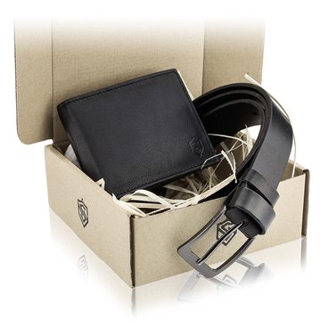 Darčekový set STEVENS Pánska peňaženka a opasok v čiernom farebnom prevedení v darčekovej krabičke