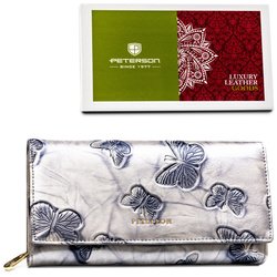 Priestranná dámska peňaženka z prírodnej kože v striebornej farbe so zapínaním na patentku - Peterson