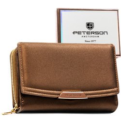 Hnedá dámska peňaženka z ekologickej kože so zapínaním na cvok a zips - Peterson