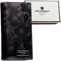 Fialová, veľká lakovaná dámska peňaženka so zipsom a magnetickým kvetinovým vzorom RFID STOP Peterson