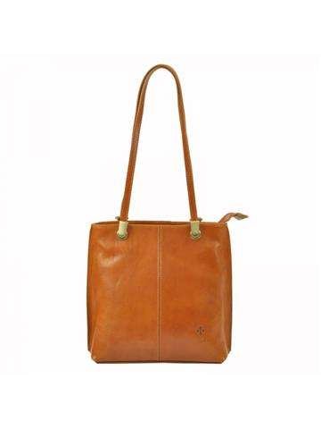 Dámsky kožený batoh Florence 35 Camel Crossbody kabelka-batoh Zlaté kovanie
