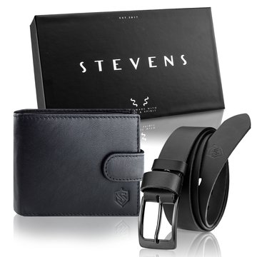 Dárkový set STEVENS Pánska peňaženka a opasok z prírodnej kože v čiernom farebnom prevedení v darčekovom boxe
