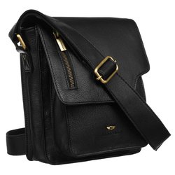 Pánska čierna kožená poštová taška s chlopňou, zavesená na nastaviteľnom remienku - Peterson