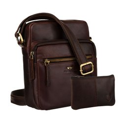 Hnedá kožená pánska kabelka zavesená na remienku. Vrátane puzdra na kľúče - Peterson