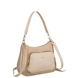Dámska béžová poštová kabelka z nylonu a ekokože zavesená na držadlách a odnímateľnom popruhu - Peterson