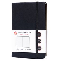 Čierny zošit formátu A6 s potlačou v riadkoch, vybavený uzatváracou gumičkou - Peterson