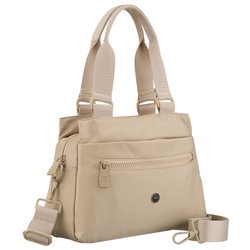 Béžová, praktická dámska polyesterová kabelka zavesená na držadlách a pripojiteľnom popruhu - Peterson