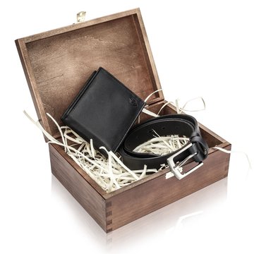 Drevená Darčeková Sada STEVENS Pánska Peňaženka a Opasok Tmavohnedá