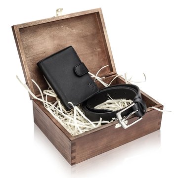 Elegantný Darčekový Set STEVENS Pánska Peňaženka a Opasok v Drevenom Boxe Tmavohnedý Pre Otecka Pre Syna