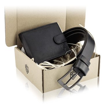 Darčekový set STEVENS Pánska peňaženka a opasok v čiernom farebnom prevedení v darčekovej krabičke