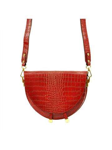 Červená kožená kabelka Luka 19-16 Kabelka COCO Leaflet s krokodílím vzorom a zlatými detailmi