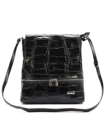 Čierna kožená kabelka MiaMore 01-023 COCO crossbody s krokodílím vzorom a strieborným kovaním