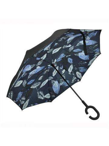 Dámsky skladací dlhý dáždnik Gregorio P3-389 Large v námorníckej modrej farbe s čiernou rúčkou a listovým vzorom