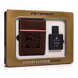Darčeková sada: pánska hnedá kožená peňaženka a toaletná voda - Peterson