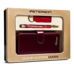 Darčeková sada: veľká dámska kožená peňaženka, prívesok na kľúče a pero - Peterson