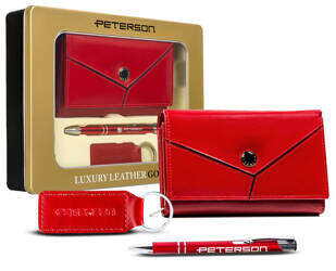Darčeková súprava: dámska kožená peňaženka, prívesok na kľúče a pero - Peterson
