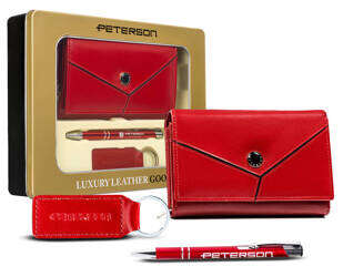 Darčeková súprava: stredná dámska kožená peňaženka, prívesok na kľúče a pero - Peterson