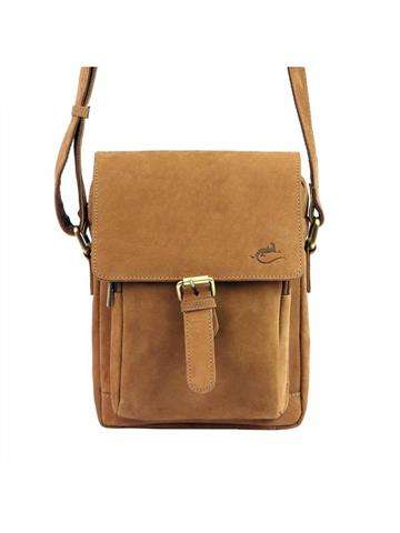 Satchel Andreas Brown Medium Nubuk Genuine Leather Crossbody Bag with Gold Fittings