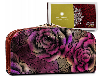 Veľká, priestranná peňaženka z prírodnej kože s kvetinovým vzorom - Peterson